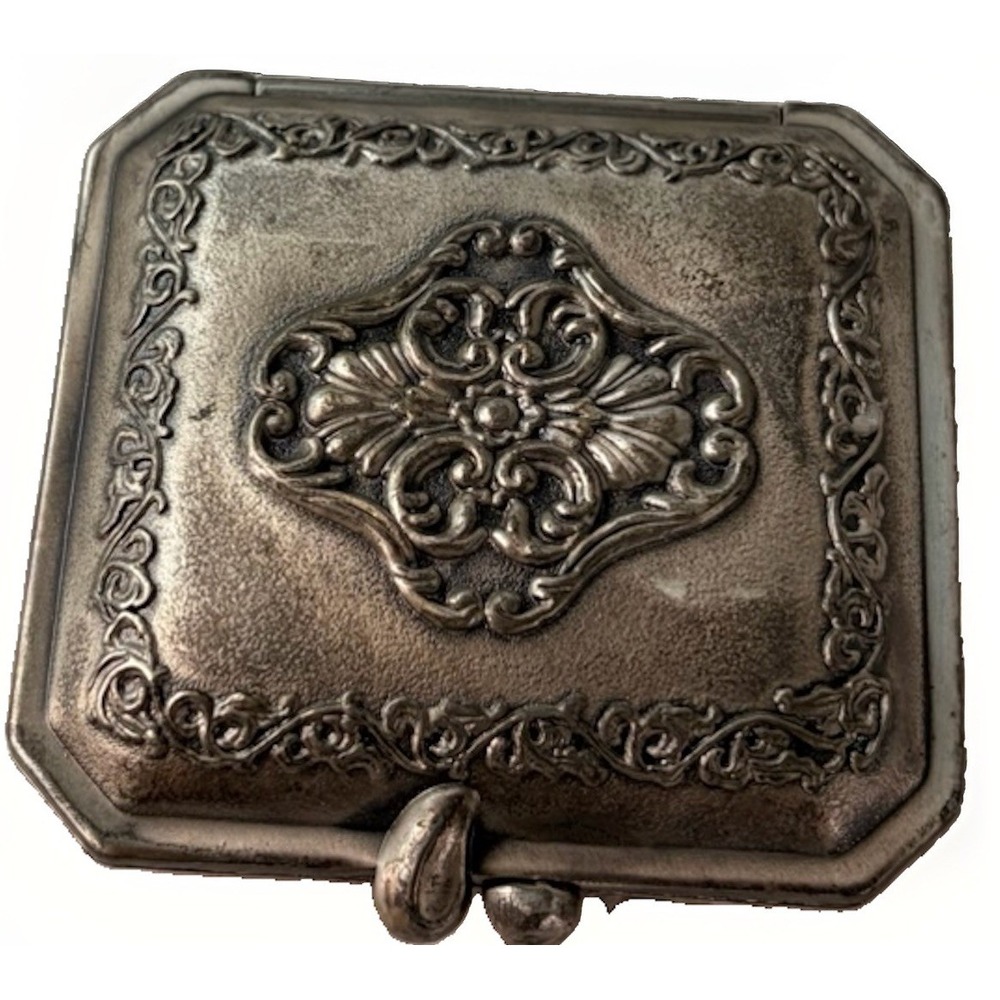 Vtg 80s Ornate Pewter Compact Mirror Repoussé Floral Taiwan Shabby Chic As Is